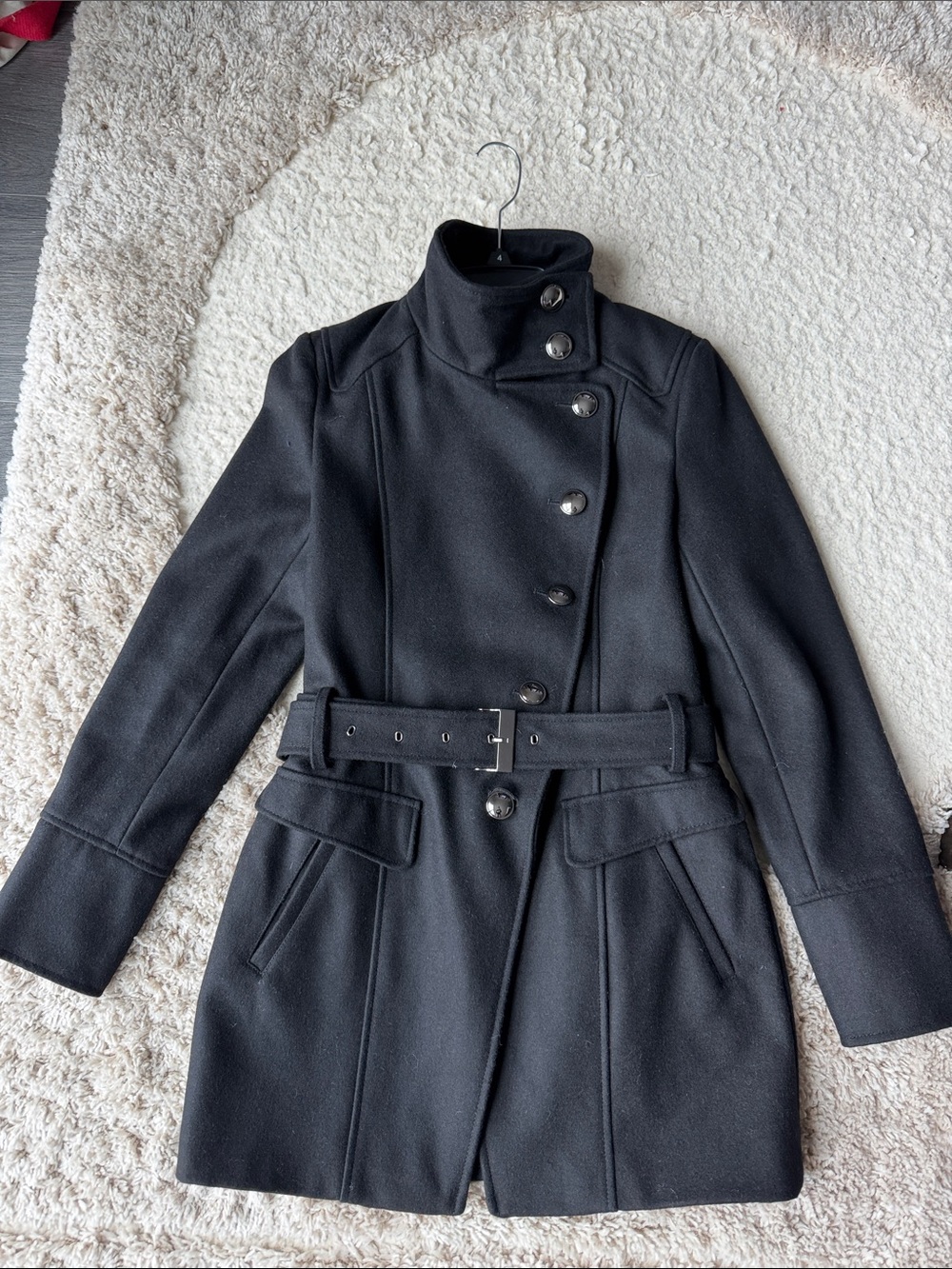 Kenneth Cole New York Black Wool Belted Pea Coat with High Collar